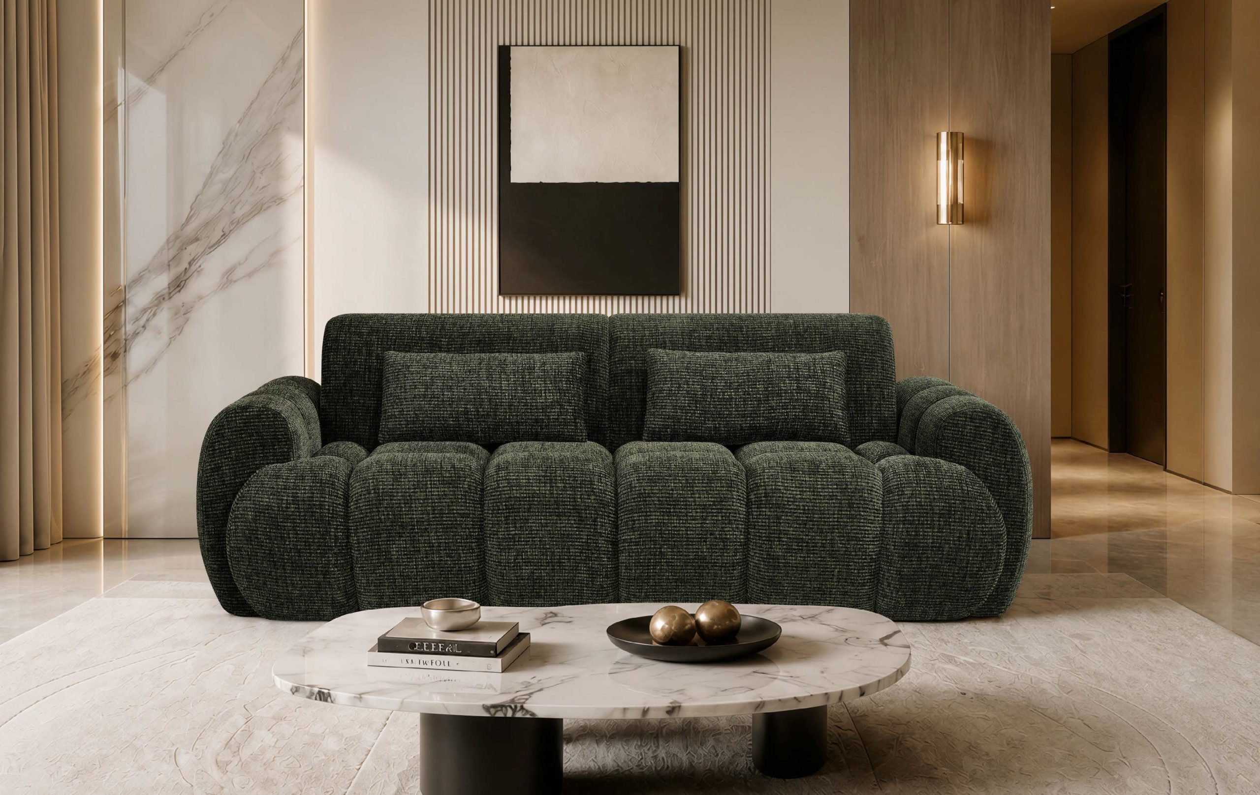 VLALA C01 3-seat sofa in deep green chunky boucle with plump rounded arms