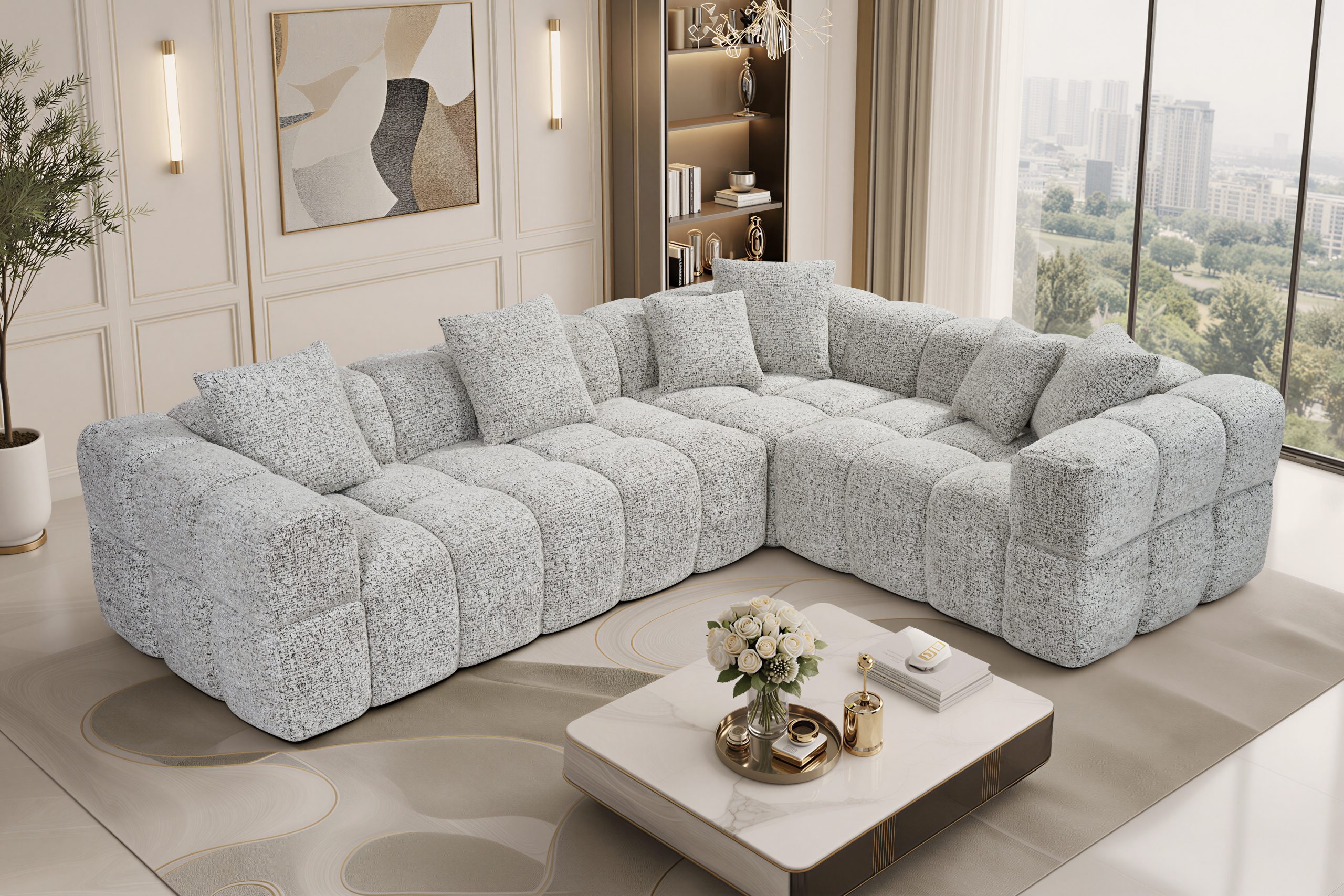 VLALA M01 large modular corner sectional in ivory chunky boucle with scatter cushions