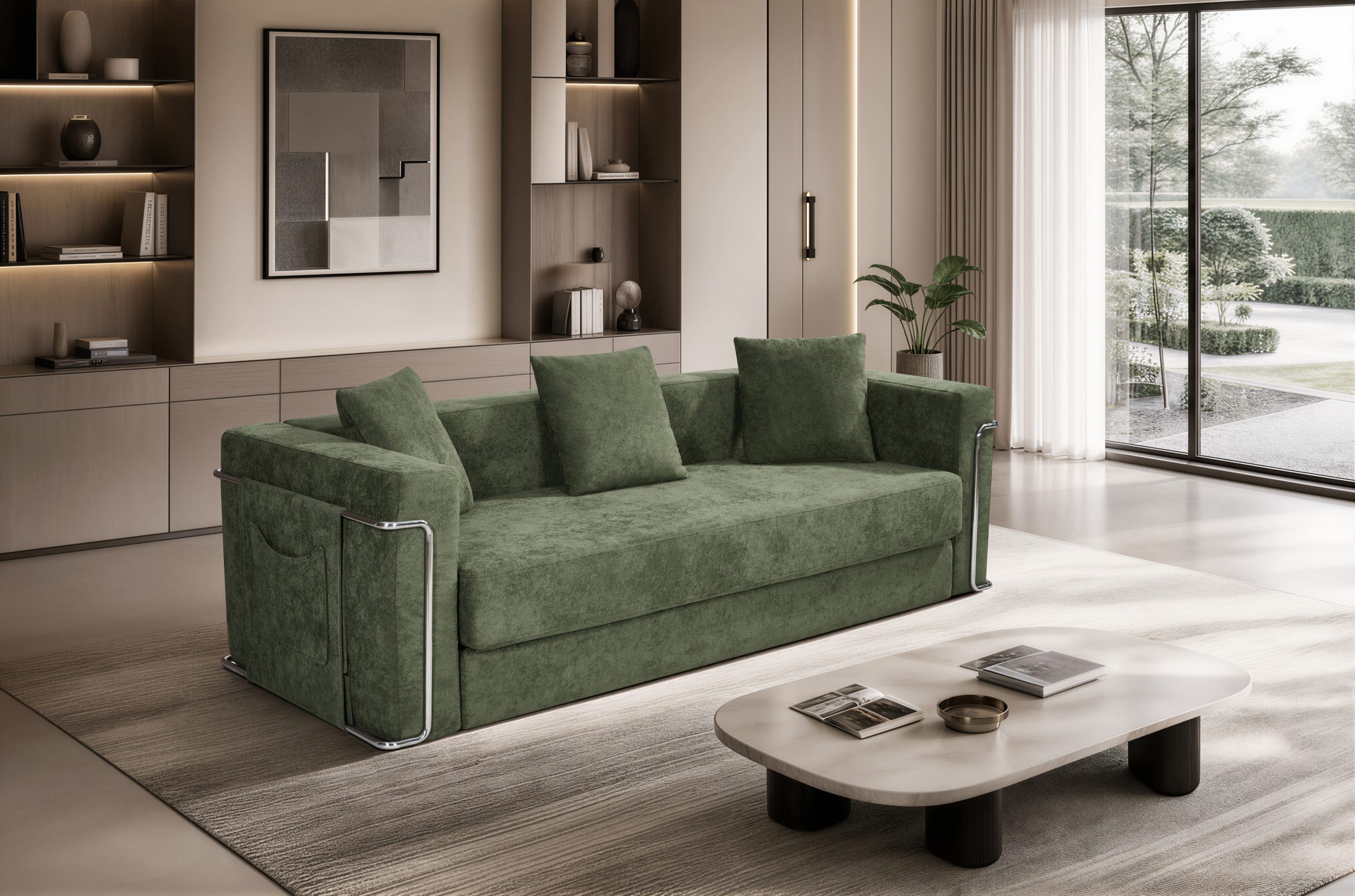 VLALA B01 forest-green sofa bed with polished metal frame arms