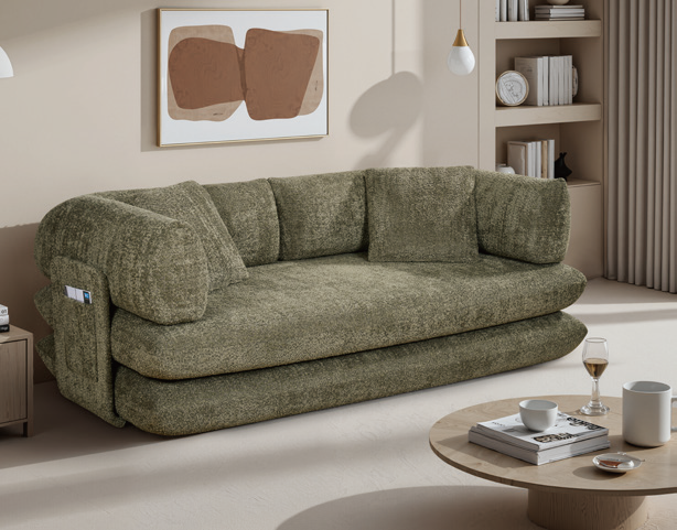 VLALA B02 low-profile olive boucle sofa with side storage pockets