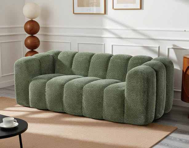 VLALA C02 curved-arm sofa in sage green boucle with soft rounded panelling